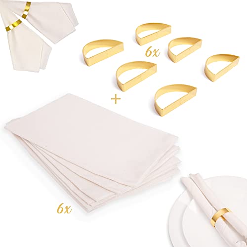 6 Sets Of Gold Napkin Rings Stainless Steel + 6 Beige Cloth Napkins, Semicircle Napkin Holders, Table Decoration Accessories For Dinner, Parties, Events, Gifts - Total 12 Pcs #TOP2