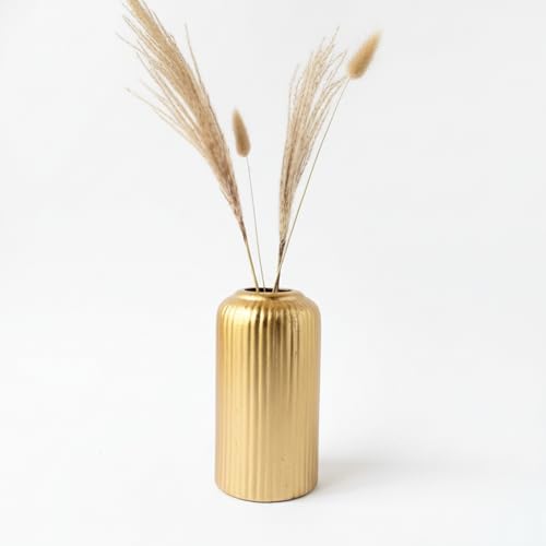 Image of KREATIVE ART'S Modern Ribbed Design Ceramic Flower Vase for Living Room, Flower Pots for Artificial Flower, Home Decoration Item, Home Decor, Vases for Living Room (Gold, Small)