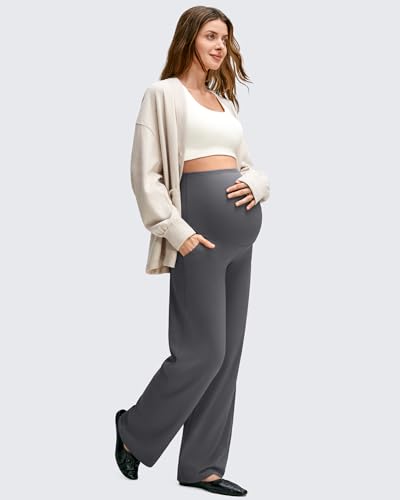Image of G4Free BareFeel Maternity Pants Over the Belly Pregnancy Trousers for Work | High Waist Coverage,Two Side Pockets,Wide Leg Design,Soft Knit Fabric,for Dress Casual Yoga