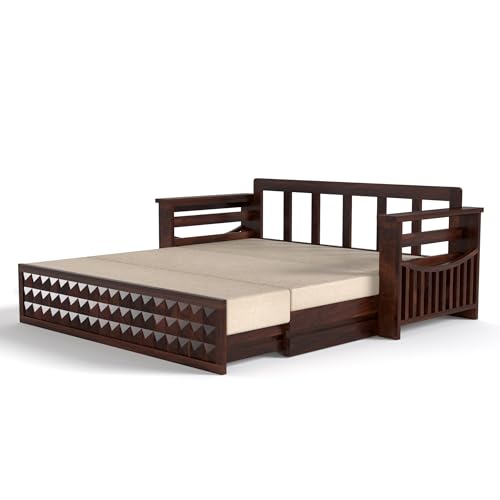 Image of Mamta Furniture Solid Sheesham Wood Sofa Set 3 Seater Furniture Wooden 3 Seater Sofa Cums Bed for Home Living Room with Cushions (Walnut with Cream, 3 Seater Design 2)