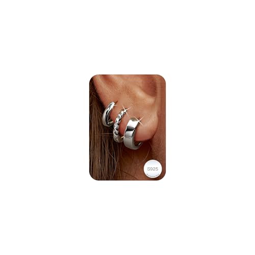 ORAZIO 3 Pares Pendientes Aros Mujer Plata Piercing Oreja Pequeños Aros Plata Mujer Cartílago Aro Hipoalergénicos Pendientes Plata de Ley 925