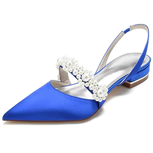 Image of Satin Pearls Wedding Shoes for Bride Flat Pointed Toe Women Slingback Flats