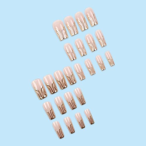 Image of Gold Wave Press on Nails Medium Square Fake Nails 3D Metallic Golden Line Design French False Nail Glossy Full Cover Reusable Nude Nail Press ons for Ladies Manicure 24Pcs