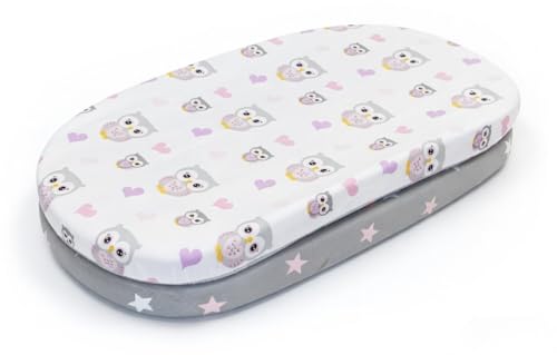 Image of 2-Pack Bassinet Sheets - 100% Cotton Jersey Knit Owls and Stars Bassinet Mattress Pad Fitted Sheets for Baby Girl; Compatible with Bassinet Bedside Co-Sleeper Lounger Brands; Oval Rectangle Mattress