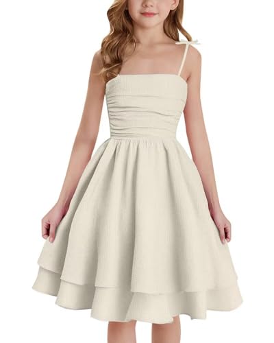 Marchrol Girls Ruched Smocked Spaghetti Strap Dresses Casual Solid Color A-Line Dress