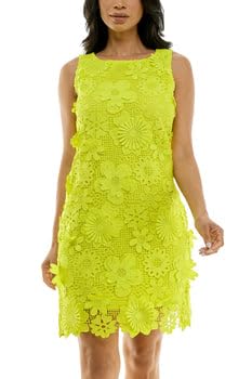 Nina Leonard Scoop Neck Crochet Lace Sheath Dress-S, Small, Kiwi
