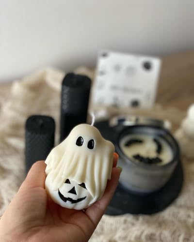 Image of Ghost Pumpkin Halloween Candle Pack of 5 - Ivory Spooky Decorative Figurines for Festive Home Decor, Fall Table Centerpiece & Halloween Party Decoration