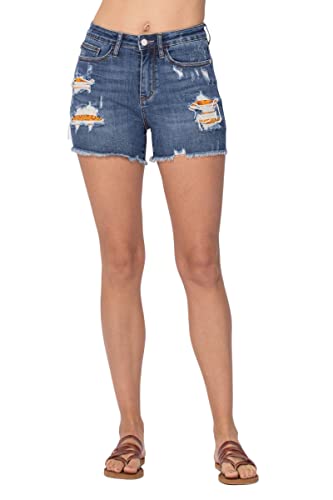 Judy Blue Womens High-Rise Printed Pocket Lining Cutoff Shorts (Dark Blue Large)