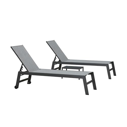 Image of PURPLE LEAF Outdoor Lounge Chairs Set of 4 with Wheels, Textilene Mix Grey | Rustproof Aluminum Frame, 5-Position Reclining Back, All-Weather Durable, Easy-Clean, Side Table Include for outdoor