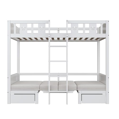 Platzsparendes Etagenbett für Kinder, Hochbett mit Flexibler Tisch und Holzsofa, Kinderbett mit Treppe und 2 Schubladen, 90x200cm Funktionsbett Stockbett Hochbett Jugendhochbett, Weiß, Ohne Matratze