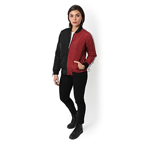 Image of PINACOLADA Women Red & Black Puffer Regular Fit Bomber Jacket For Winter Wear | Low-Cut Standing Collar | Full Sleeve | Buttoned | Casual Jacket For Woman & Girl | Western Stylish Jacket For Women