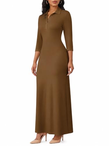 Image of PinkPatty Women's Casual 3 /4 Sleeve Polo V Neck Bodycon Maxi Dress | Semi formal, modest style, long fitted, versatile for church, work, business, office and daily wear