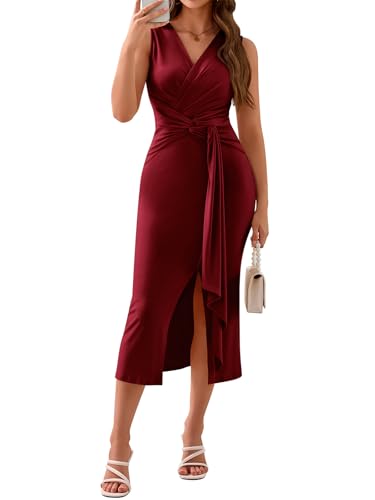 Image of YIOYOLA Womens Sleeveless Ruched V Neck Sheath Casual Party Midi Bodycon Dresses with Slit