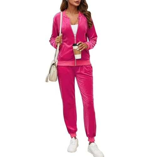 Marvmys Women's Velour Tracksuit Full Zip Up Sweatsuits Set 2 Piece Outfits Jogger Set Large Neon Pink