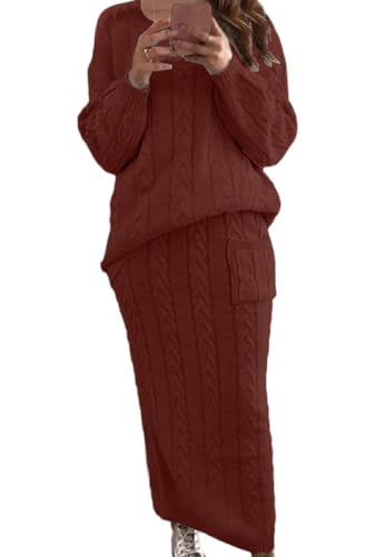 Image of chouyatou Women Winter Casual Chunky Cable Knit Long Pencil Skirt 2 Piece Outfit Oversized Pullover Sweater Sets
