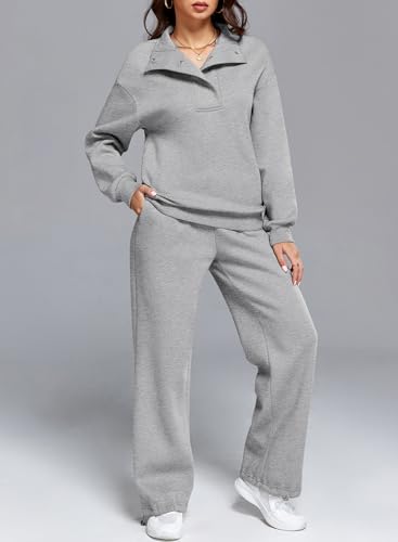Aleumdr Womens 2 Piece Outfits Fleece Sweatsuit Lounge Set Snap Button Long Sleeve Sweatshirt with Wide Leg Sweatpants2