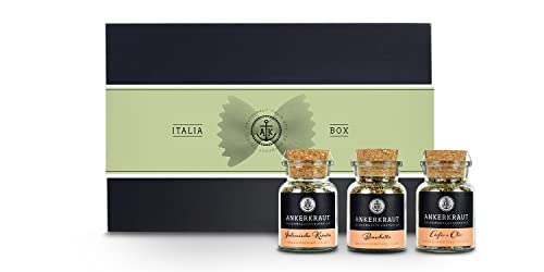 Ankerkraut Geschenk-Set Italia Selection, mit den Gewürzen Bruschetta, Aglio e Olio und italienische Kräuter im Korkenglas, mediterrane Küche, Gewürze in hochwertiger Deluxe-Box mit Banderole