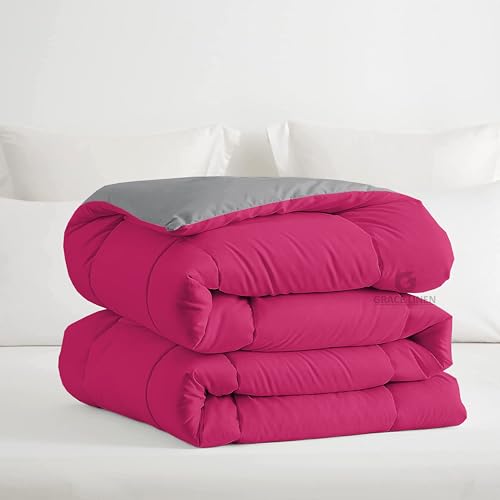 Image of Restful Sleep Reversible All Weather Comforter Single Bed Size - Dohar /Rajai /Blanket /Duvet -250 GSM Quilt Soft Microfiber Fill Single Size (60 inchX90 inch) - Hot Pink /Silver Grey Color