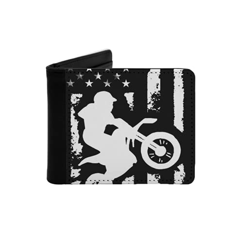 3907117 Mens Womens Slim Wallet,American Flag Motorcross Dirt Bike 156_207,With ID Window Money Clip RFID Blocking Bifold Credit Card Holder Front Pocket, Black 10, One Size