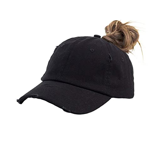 HilyBony Sombrero de béisbol de cola de caballo desgastado retro lavado de sarga para mujer, Negro, M Cover