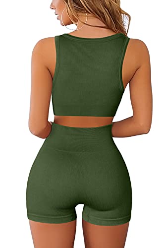 FAFOFA Women's Yoga Shorts 2 Piece Outfits Sexy Sport Bra High Waisted Shorts Workout Activewear Army Green M - Image 3