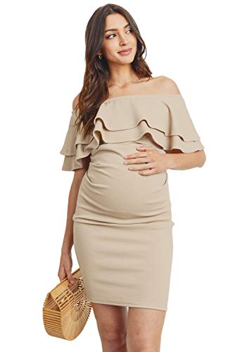 Image of LaClef Women's Off Shoulder Maternity Dress with Double Ruffle