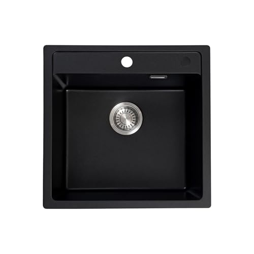 JASSFERRY Black Composite Kitchen Sink 520 x 510mm, Inset Quartz Sinks, Drop-in Deep Single Bowl with Waste Strainer Kit