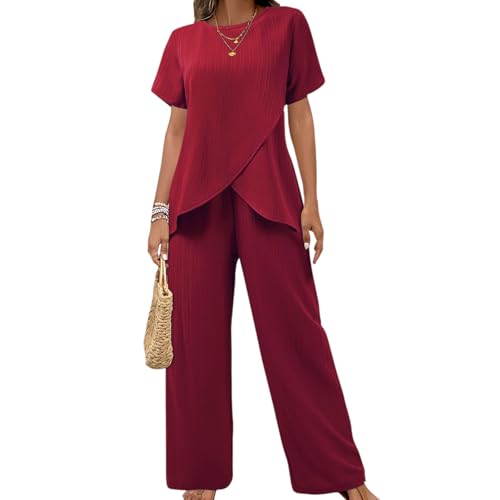 Weinexra Pants Suits for Women Dressy Casual Summer Outfits 2026 Short Sleeve Ruffle Layered Tops Wide Leg Pants Matching Set