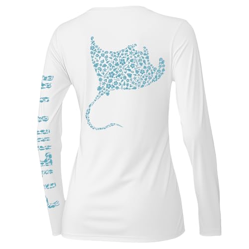 Palmyth UPF 50 Long Sleeve Women Fishing Shirt Sun Protection T-Shirt (White/Manta Large)