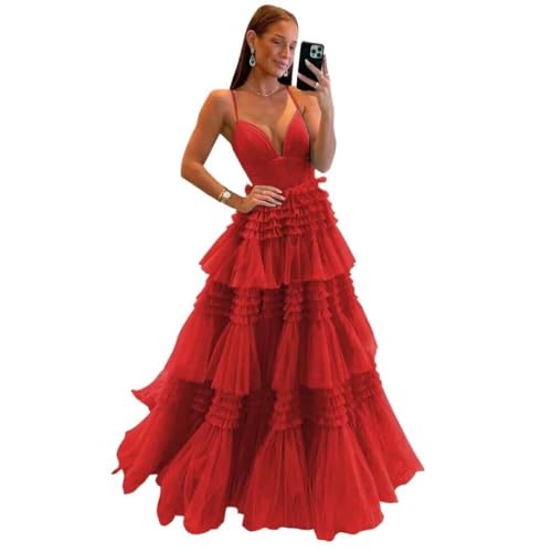 Tiered Tulle Prom Dresses with Slit Spaghetti Straps Glitter Formal Party Evening Gowns for Women