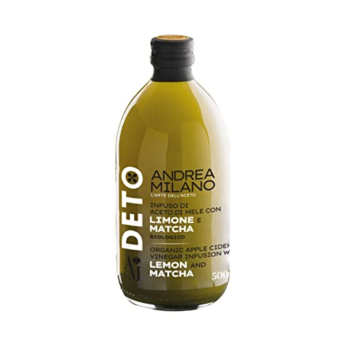 Deto Andrea Milano, Aceto di Mele Biologico con Limone e Matcha, Non Filtrato e Non Pastorizzato, da Bere Solo o come Aggiunta a Frullati, Ideale per Condire Pesce Crudo o Cotto, Made in Italy, 500 ml