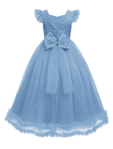IBAKOM Flower Girl Formal Wedding Maxi Dress Flutter Sleeve Junior Bridesmaid Outfits Tween Pageant Tea Party Ball Gown
