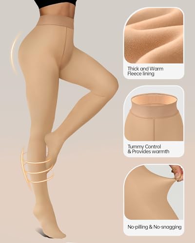 Image of OEAK Womens Fleece Lined Tights Fake Translucent Pantyhose Thermal Opaque High Waisted Winter Legging Footed Sheer Tights