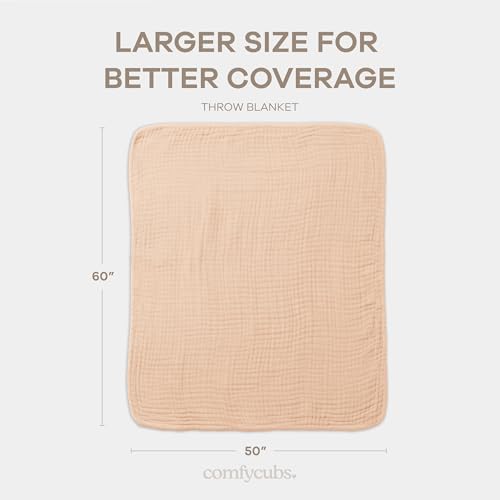 Image of Comfy Cubs Muslin Throw Blanket - 50 inch x 60 inch Quilted Design - Lightweight, Breathable 6-Layer Gauze Fabric - Soft Cotton Blanket for Home or Travel - Packaged in Elegant Gift Box - Cream