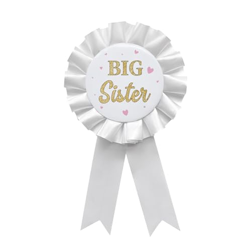 Image of Big Sister Tinplate Badge Pin White Satin Fabric Happy Birthday Themed Button Pin Party Decorations Award Ribbon Badge