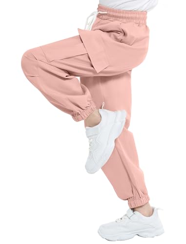 Image of JiAmy Girls Cargo Pants Elastic High Waist Drawstring Pants Jogger Trousers Casual Loose with Pockets 6-14Y