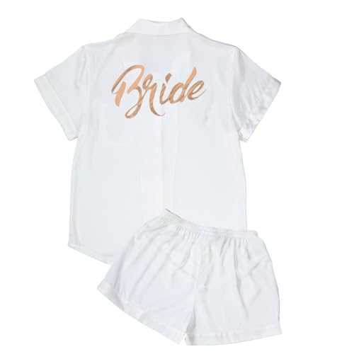 Image of MI X TEE 4Pcs Bride Pajama Summer Silk Pajamas for Team Bride Short Sleeve Shorts PJS Matching Pajamas with Bridesmaid