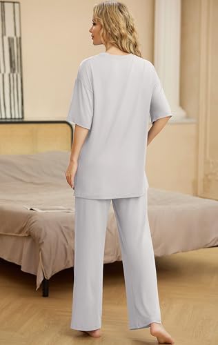 Image of PrinStory Womens Pajamas Sets 2 Piece Lounge Set Short Sleeve Tops and Long Pants Soft Pjs Loungewear with Pockets