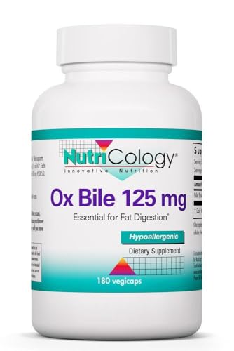 NutriCology Ox Bile 125 mg - Supports Fat Digestion - Delivers 125 mg Concentrated Bile Salts per Serving - Hypoallergenic & Vegetarian - 180 Servings - 180 Capsules