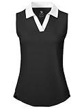 Bgowatu Women'S Sleeveless Golf Polo Shirts Collared V Neck Tennis Tops Dry Fit Upf 50+ Workout Tank Lightweight Black+White M