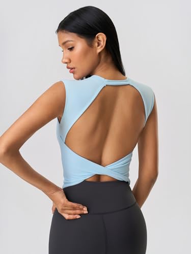 Image of ABOCIW Women Twist Back Workout Top with Built in Bra Cap Sleeve Pilates Yoga Crop Top Athletic Gym Shirt