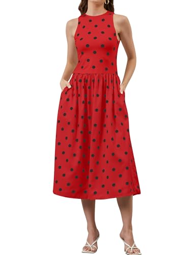 Image of TERIVEEK Women Summer Polka Dots Sleeveless Midi Dress Casual High Neck Patchwork Tank Sundress Boho Flowy Dress with Pockets