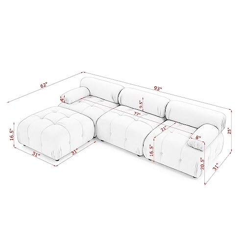 WILLIAMSPACE 93\" Modular Sectional Sofa Couch, Modern Cloud Couch with Convertible Ottoman, 3-Seat L-Shape Sectional Sofa with Button Tufted Designed for Living Room (Beige Velvet)