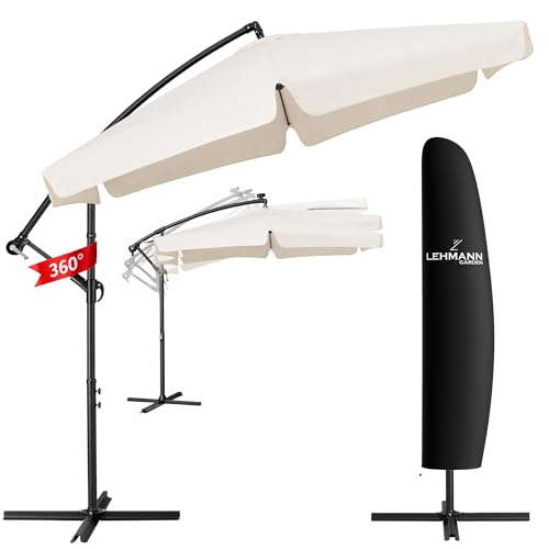 LEHMANN Alu Sonnenschirm Ø 300 cm, Ampelschirm mit Ständer & Kurbel, Gartenschirm Wasserdicht & UV-Schutz, Sonnenschutz für Terrasse und Garten, 360° drehbar, inkl. Schutzhülle (Beige)