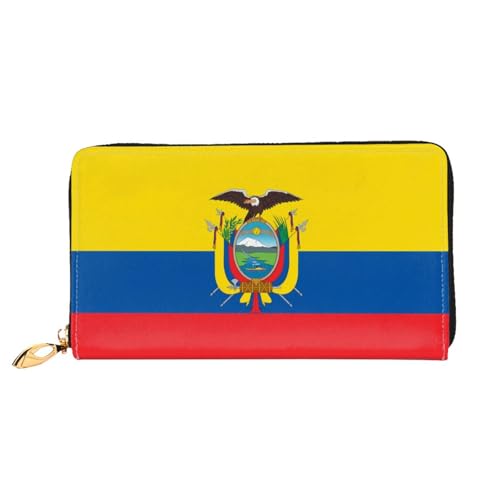 Leather Women Wallets, Long Credit Card Holder, Flag of Ecuador Print Billfold Clutch & Travel Purse Large Capacity