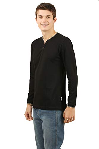 Image of Zebu Men's Full Sleeve Cotton Henley Neck Tshirt with bio wash (Pack of 1). Black