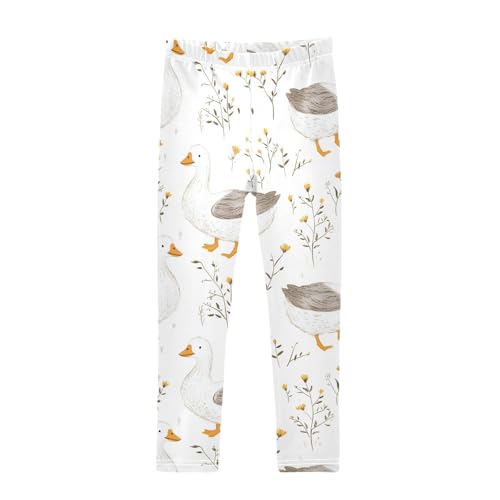 White Goose Floral Girls Casual Leggings for Kids Printed Long Pant Bottoms Stretch and Soft