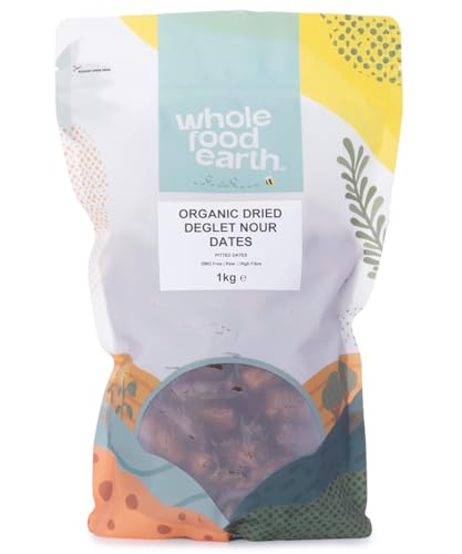 Wholefood Earth Dátiles Deglet Nour Orgánicos Secos (sin hueso) 1 kg | Sin OGM | Crudos | Veganos | Ricos en fibra | Certificados orgánicos