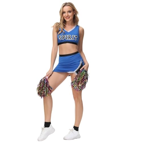WENYAZIGUO Costume de pom-pom girl, Uniforme de Pom-Pom Girl Femme Multicolore SM Avec 2 Pompons(Blue,S)