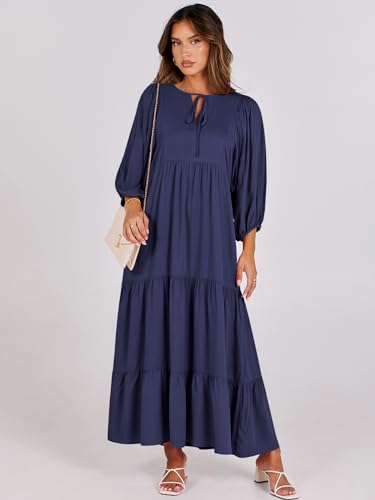 Image of ANRABESS Womens Boho Floral 3 /4 Puff Sleeve Maxi Dress | Tiered Flowy Loose Fit, Comfy Soft Rayon Fabric, Wedding Guest Church Beach, Modest Elegant, Spring Summer Fall Outfits